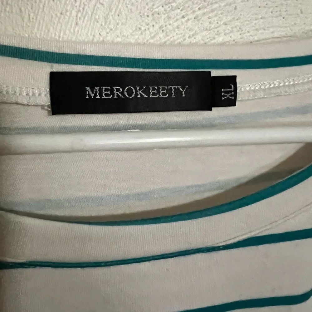 MEROKEETY Classic Colorblock Modest Dress Tie Waist Stripes Teal White Wms Sz XL - Picture 3 of 4